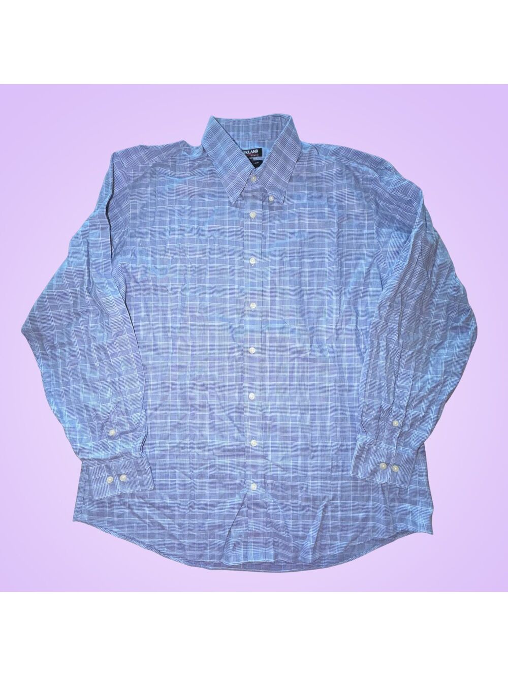 Kirkland Signature Men's 17 34/35 Blue Plaid Non Iron Long Sleeve Dress Shirt